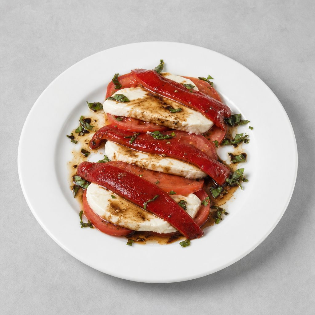 Mozzarella, Tomato, Roasted Peppers.