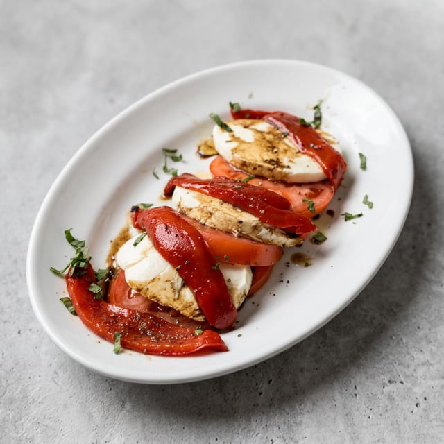 Mozzarella, Tomato, Roasted Peppers.